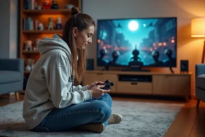 Jeune femme jouant à une console dans un salon moderne
