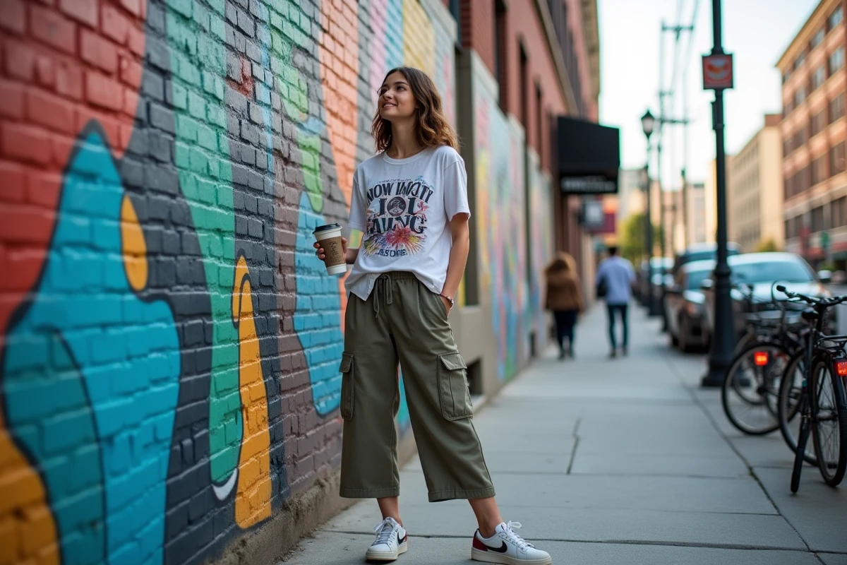 Jeune femme en tenue streetwear contemporaine devant une fresque murale urbaine colorée, incarnant les tendances mode et culture de la jeunesse actuelle