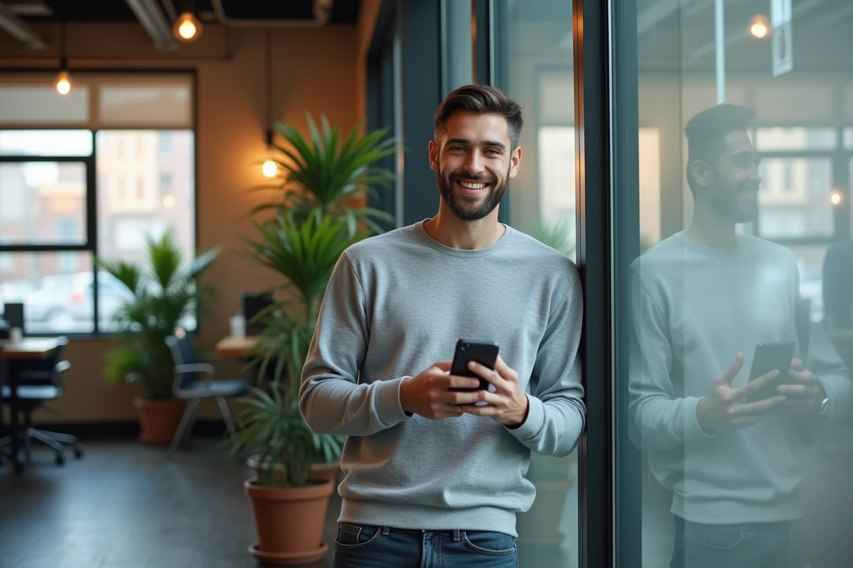 Jeune homme utilisant son smartphone dans un espace coworking