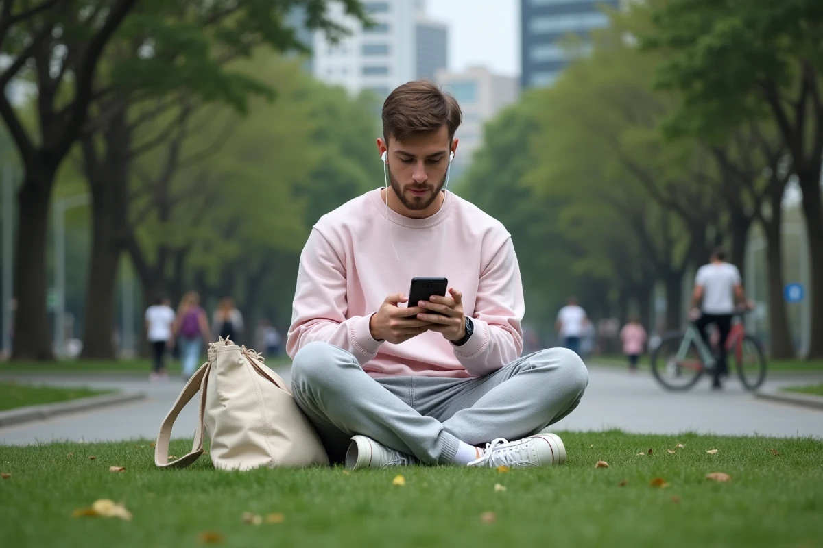 Jeune homme détendu dans un parc urbain consultant son smartphone avec des écouteurs, illustration des habitudes numériques et du mode de vie de la jeunesse moderne