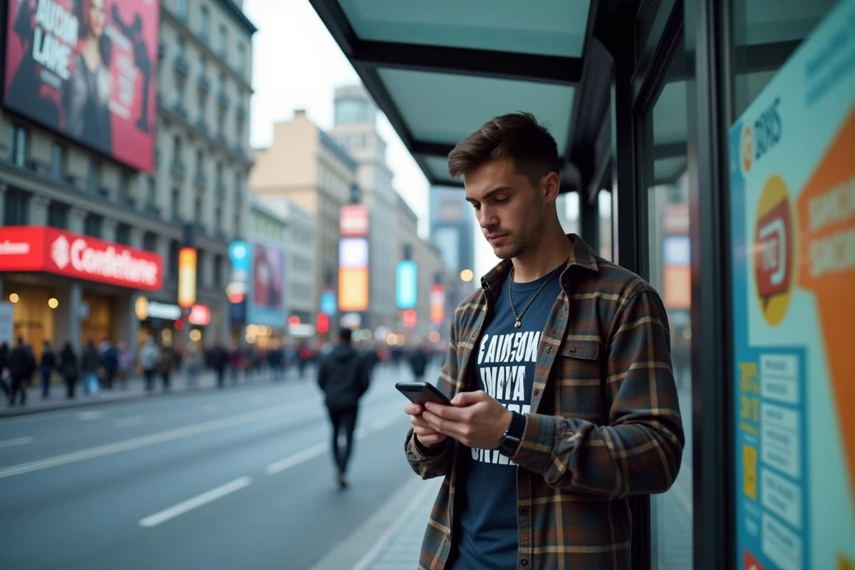 Jeune homme regardant son smartphone en ville