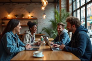 Groupe de jeunes adultes réunis dans un café moderne, discutant autour d'ordinateurs portables et de smartphones, représentant les tendances de la jeunesse connectée
