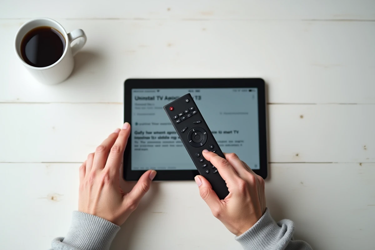 Mains tenant une télécommande Smart TV à côté d'un guide pratique sur tablette pour désinstaller des applications