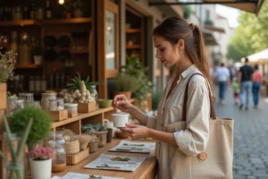 Femme inspectant des produits zéro déchet dans un marché éco-responsable en ville