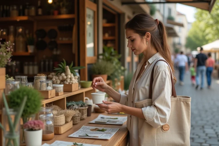 Femme inspectant des produits zéro déchet dans un marché éco-responsable en ville