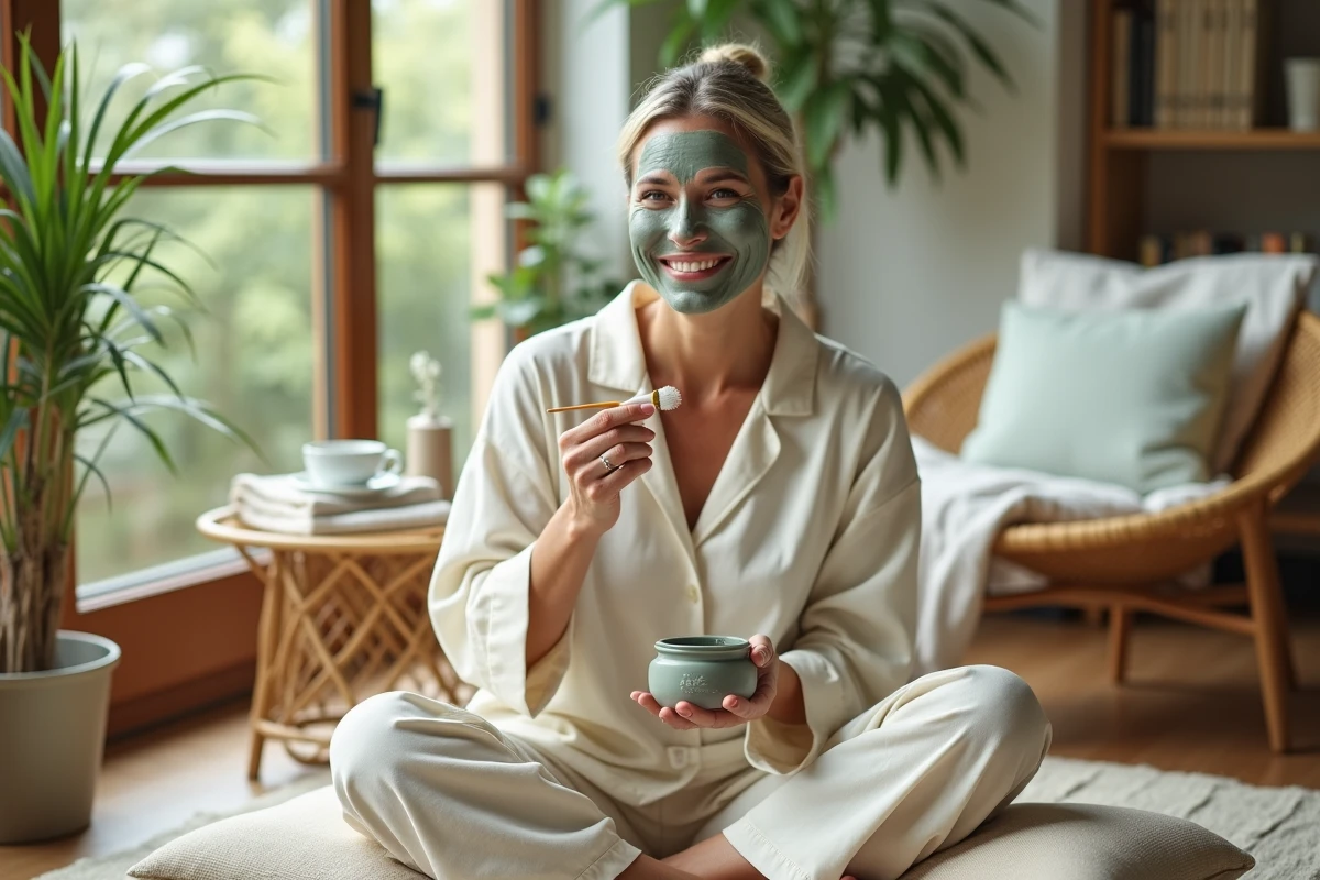 Femme mature appliquant un masque à l'argile sur son visage dans un intérieur cosy avec décoration naturelle en rotin et plantes
