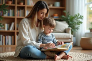 Mère et enfant lisant un livre illustré ensemble sur le sol d'un salon chaleureux, ressources éducatives pour parents