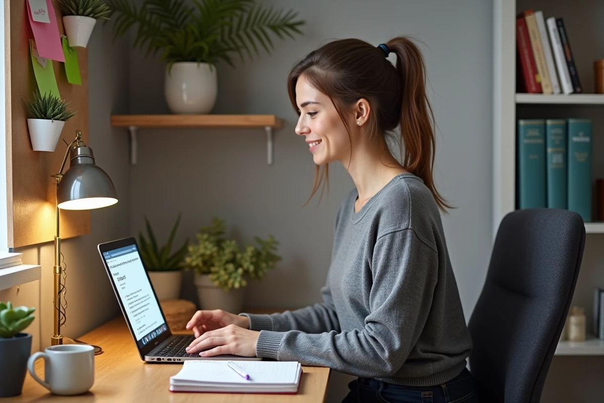 Mère consultant des ressources éducatives en ligne sur son ordinateur portable dans un bureau à domicile organisé