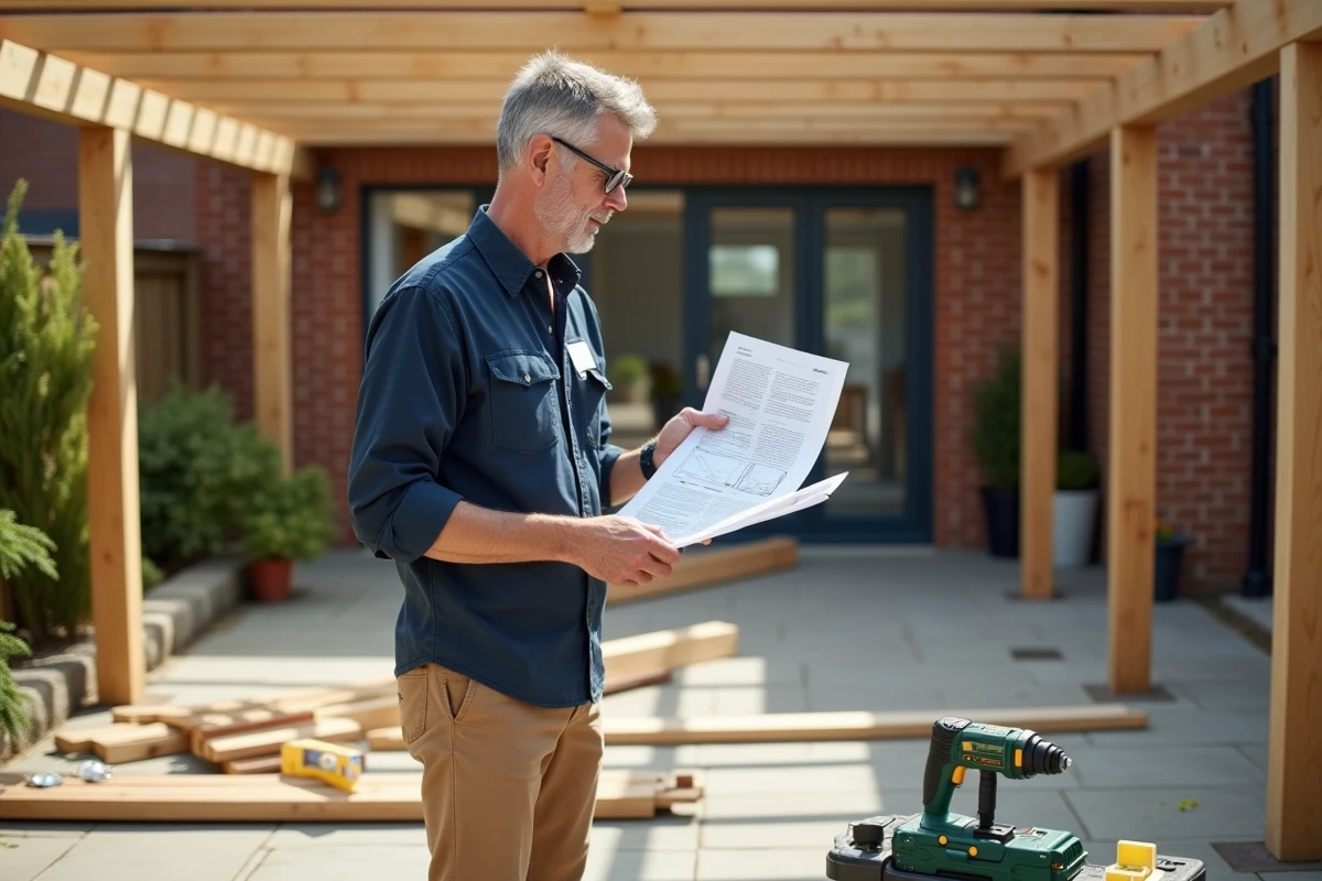 Homme bricoleur assemblant une pergola en bois sur une terrasse, avec manuel de montage, perceuse et pièces en bois au sol