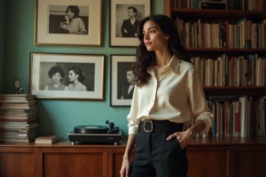 Jeune femme contemplant des photographies encadrées dans un appartement parisien chargé d'histoire et de souvenirs artistiques