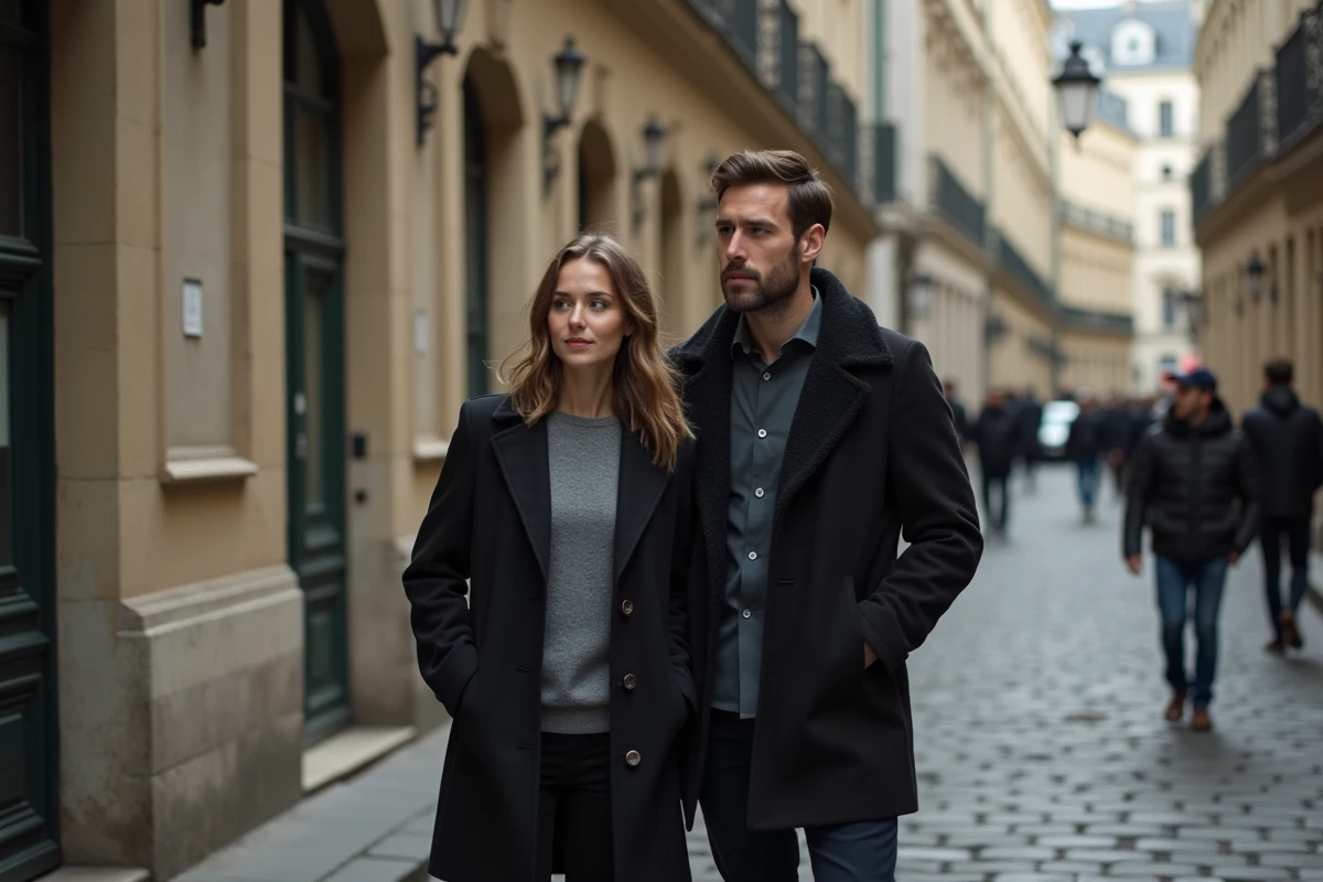 Duo de jeunes adultes dans une rue pavée du Marais à Paris, portrait éditorial évoquant l'héritage et les liens familiaux Gainsbourg