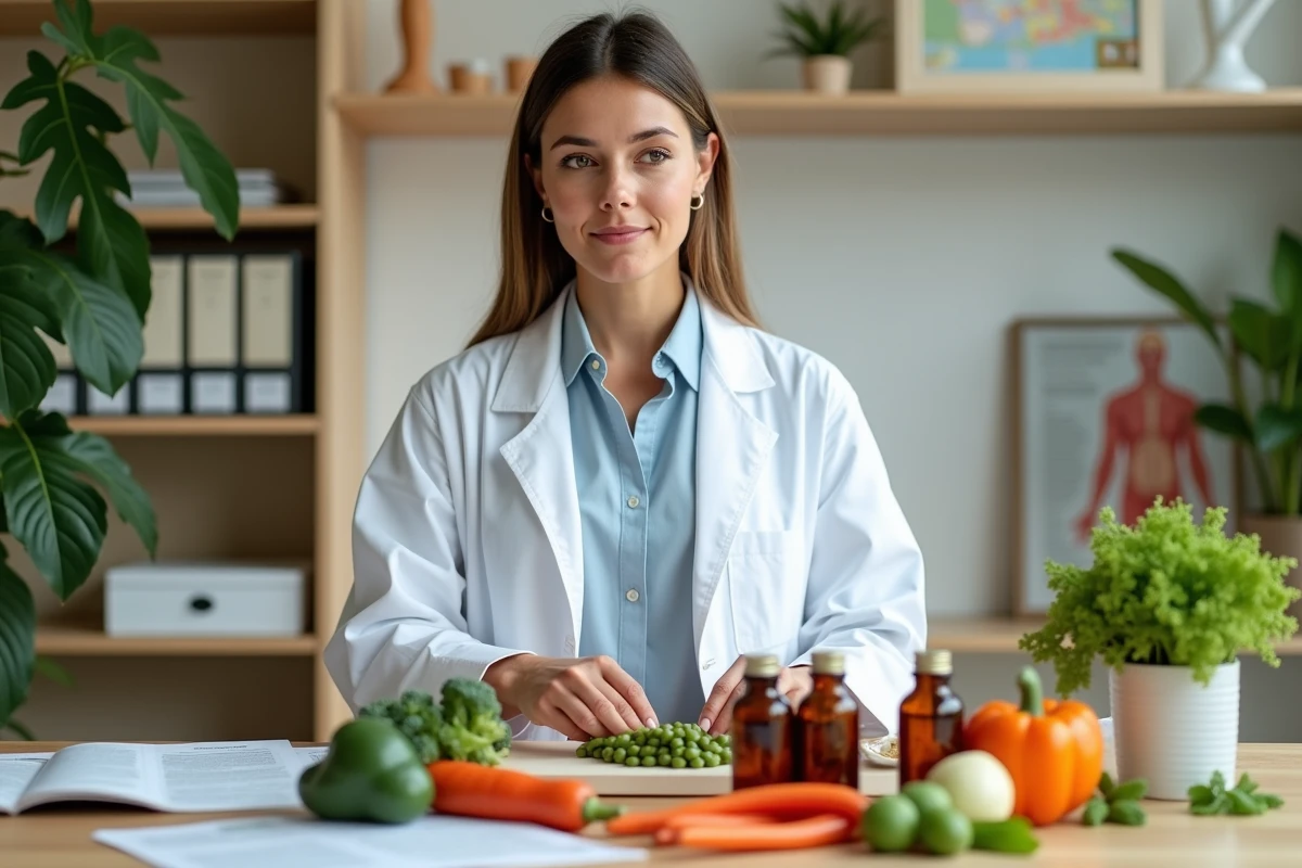 Nutritionniste professionnelle préparant des outils de consultation avec légumes frais et compléments alimentaires
