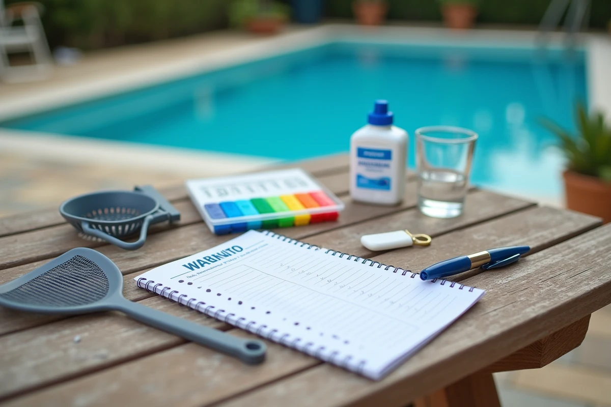 Kit de test d'eau et outils d'entretien de piscine posés sur une table en bois pour nettoyer une piscine sans filtre pendant une semaine