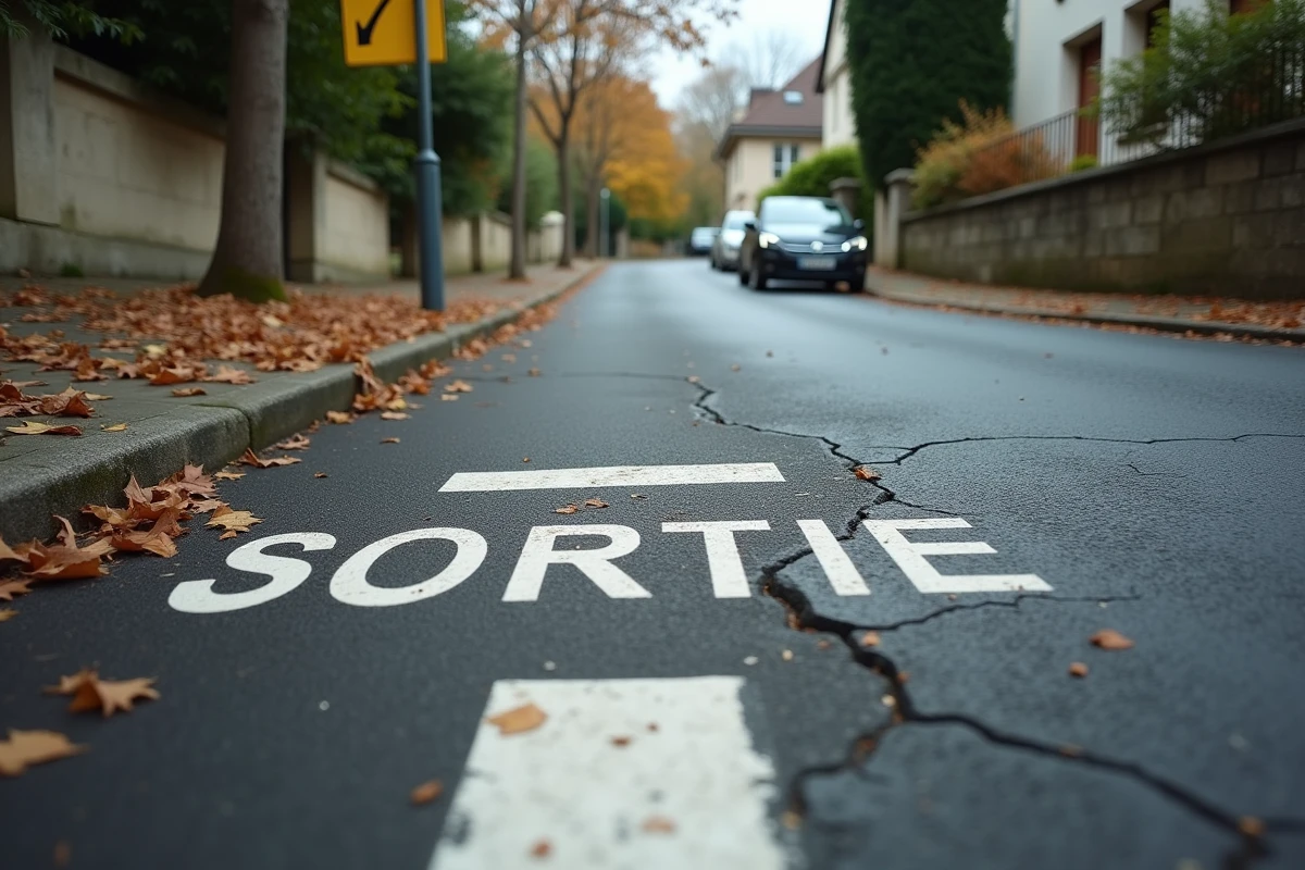 Panneau interdiction de stationner devant une sortie de lotissement avec marquage au sol