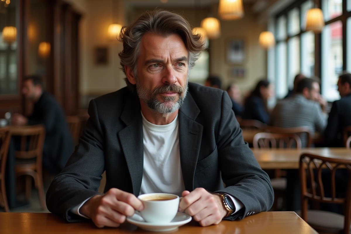 Homme élégant pensif dans une brasserie parisienne classique, évoquant l'univers artistique et familial des Gainsbourg