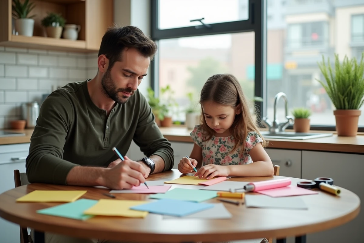 Père et fille réalisant une activité créative avec du papier coloré à la table de cuisine, astuces éducatives pour parents