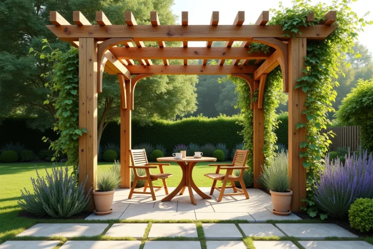 Pergola en bois installée dans un jardin de maison individuelle avec table et chaises en dessous, structure en pin naturel et treillis végétalisé