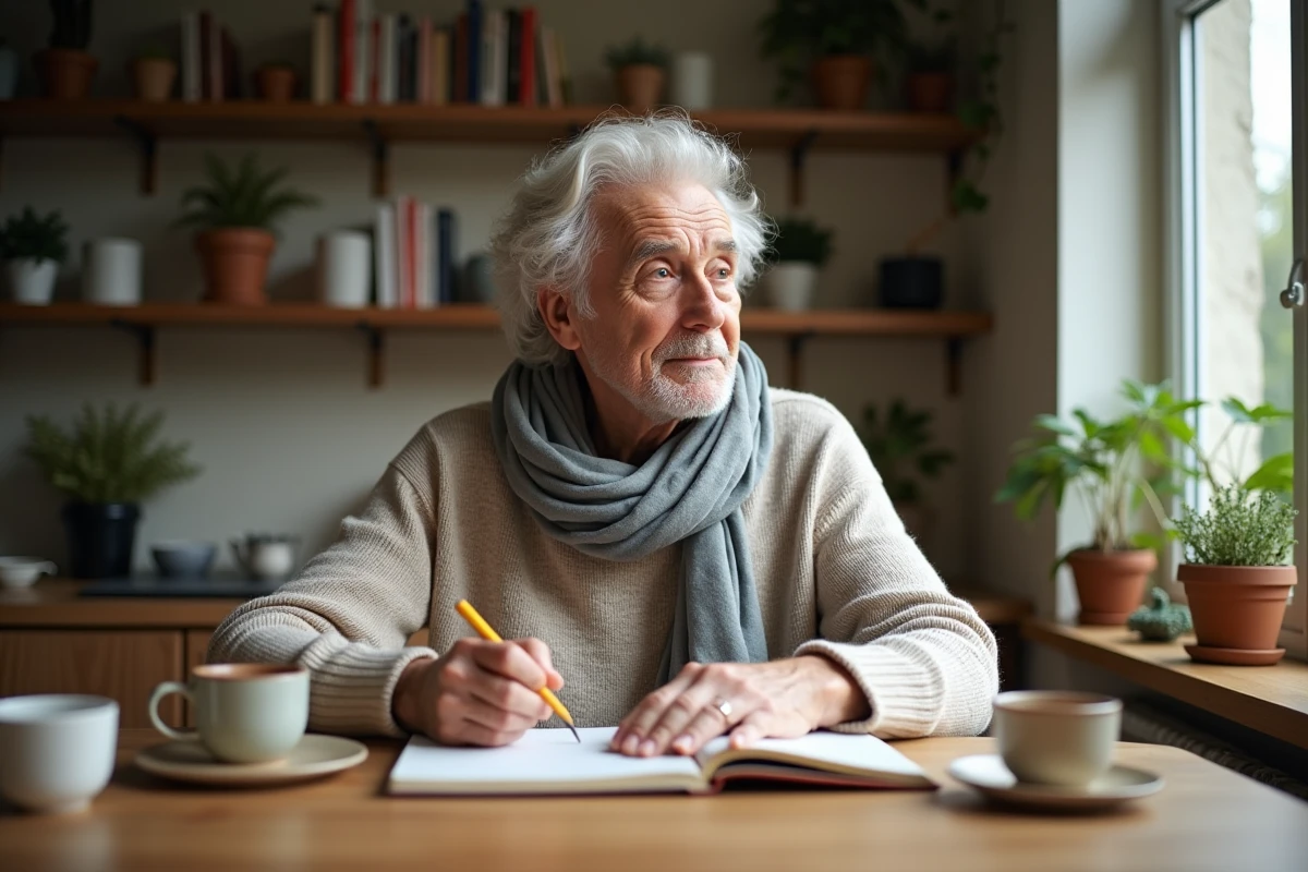 Personne âgée écrivant dans un journal à la cuisine