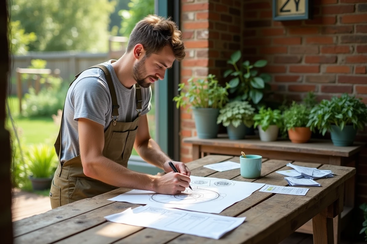 Jeune homme étudiant un plan de jardinage sur une table