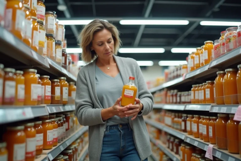 Femme examinant une bouteille d'alcool pour fruits dans le rayon d'un supermarché Leclerc en 2026