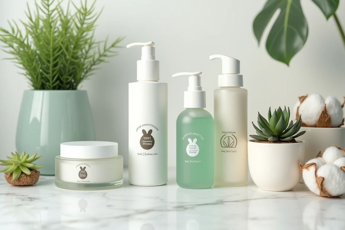 Produits cosmétiques certifiés cruelty free et vegan avec logos lapin sur comptoir en marbre