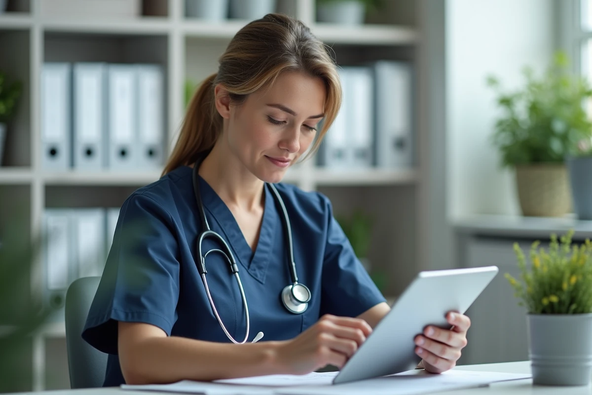 Professionnelle de santé en blouse marine consultant une tablette dans un cabinet de bien-être moderne