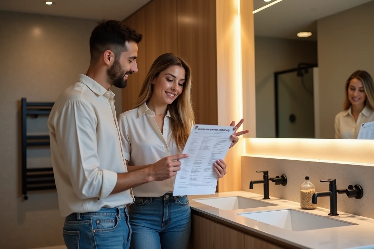 Couple de propriétaires vérifiant une checklist des normes électriques dans leur salle de bain rénovée
