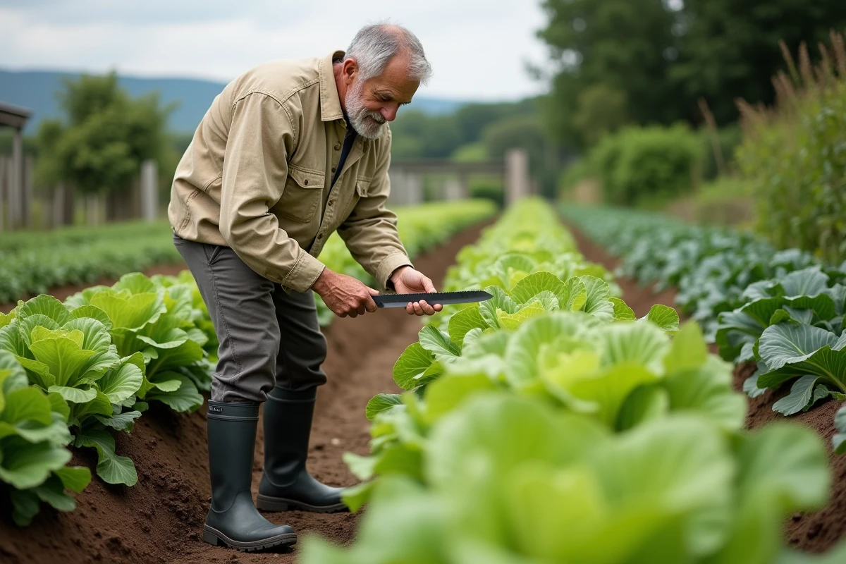 Homme âgé récoltant une laitue pommée mature dans un jardin potager bien entretenu avec des rangées de légumes verts