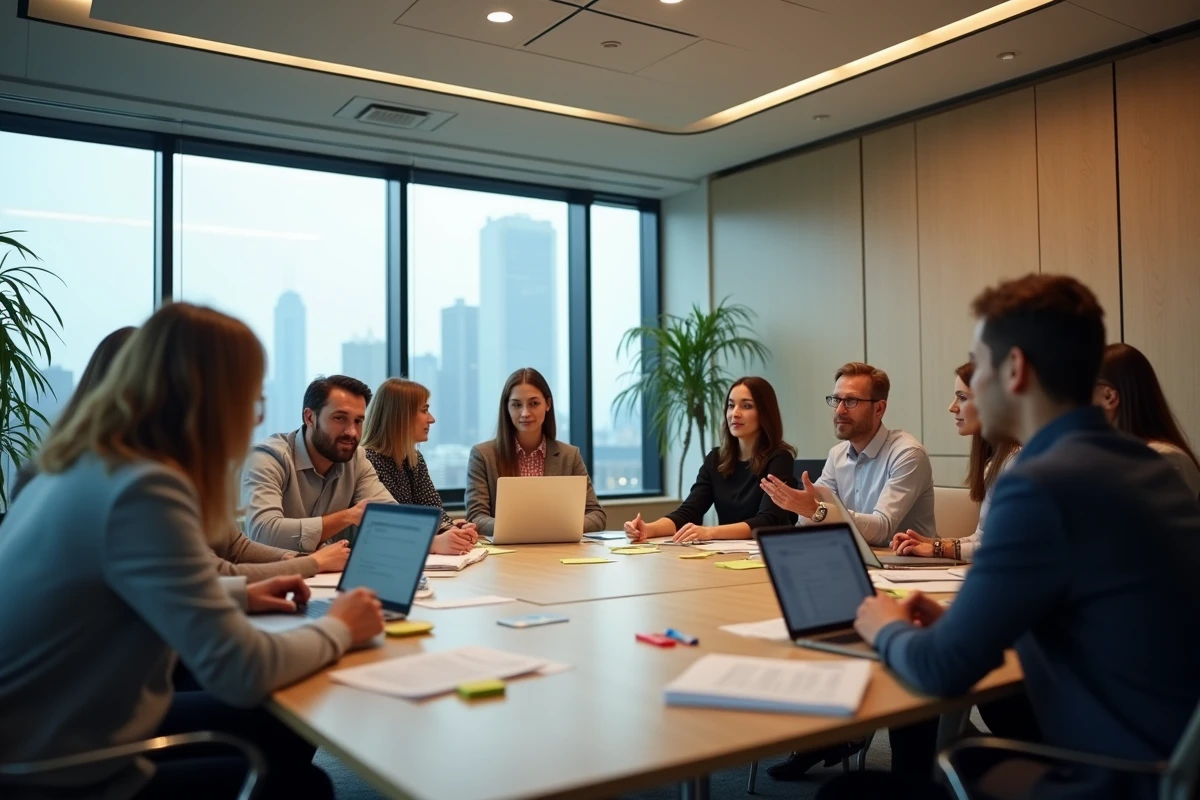 Groupe de professionnels en réunion collaborative dans une salle adaptée à une grande capacité d'accueil