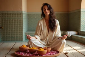 Femme pratiquant un rituel de beauté ancestral dans un hammam marocain avec des bols de pétales de rose et de pâte de curcuma