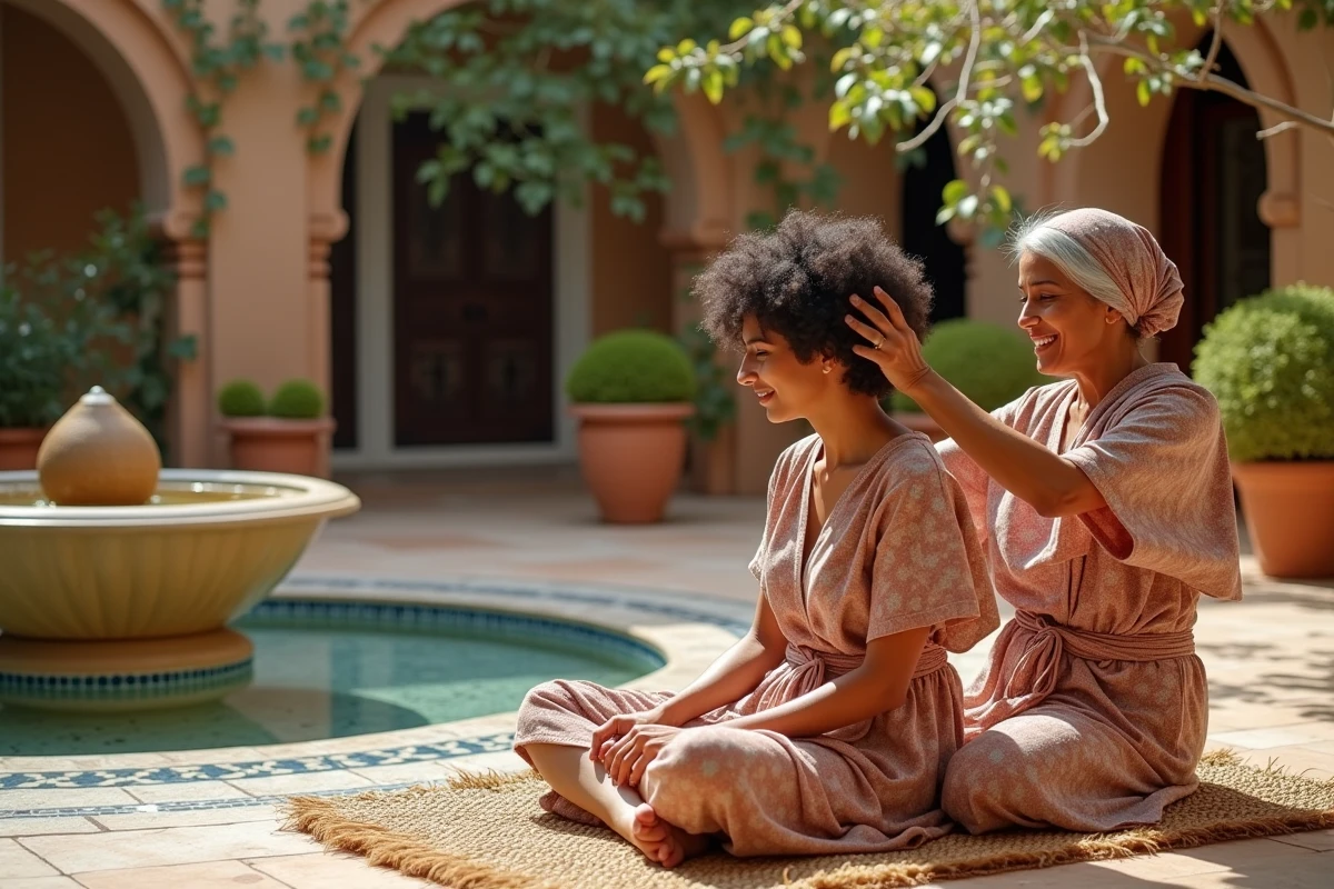 Transmission intergénérationnelle d'un rituel de beauté ancestral avec massage à l'huile d'argan dans une cour de riad tunisien
