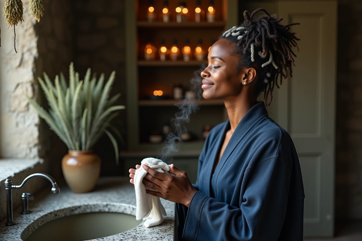 Femme appliquant une compresse aux herbes lors d'un rituel de soin du visage inspiré des traditions ancestrales dans une salle de bain en pierre