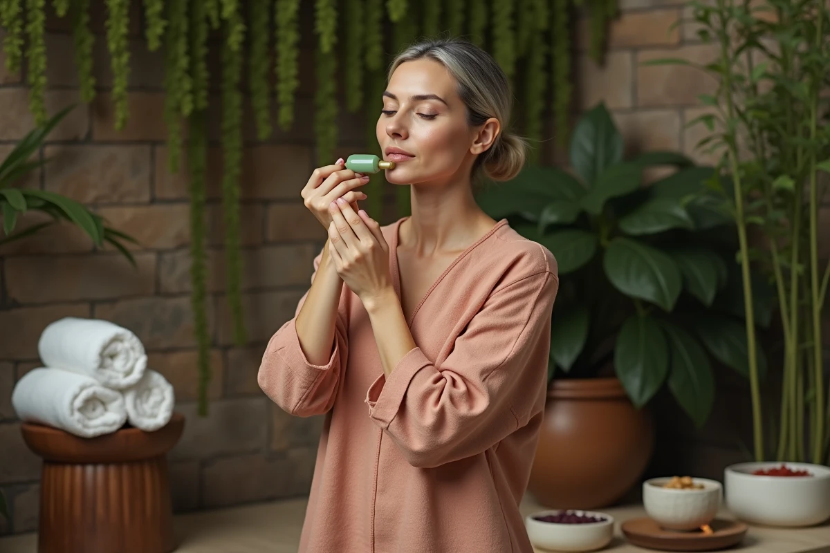 Femme d'une quarantaine d'années utilisant un jade roller dans un spa botanique naturel avec décor en pierre et plantes tropicales
