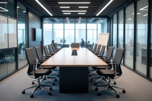Grande salle de réunion moderne aménagée pour 30 personnes avec table rectangulaire et chaises ergonomiques
