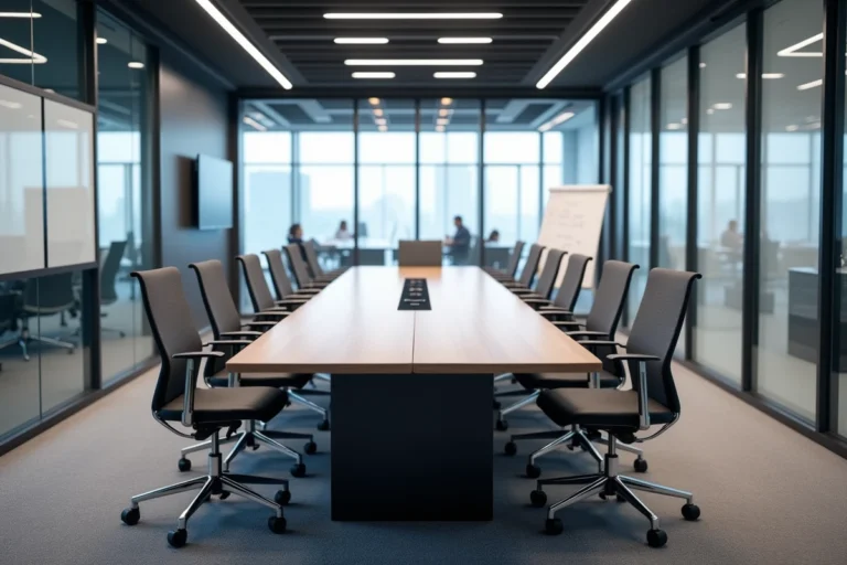 Grande salle de réunion moderne aménagée pour 30 personnes avec table rectangulaire et chaises ergonomiques