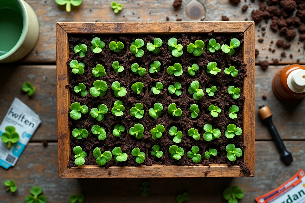 Vue de dessus d'un plateau de semis en bois avec de jeunes pousses de laitue en germination dans des alvéoles de terreau