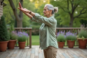 Femme senior faisant des étirements matinaux sur une terrasse en bois entourée de verdure pour prendre soin de sa santé