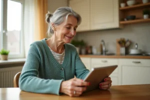 Senior femme utilisant une tablette numérique pour accéder à des services dédiés aux personnes âgées depuis sa cuisine