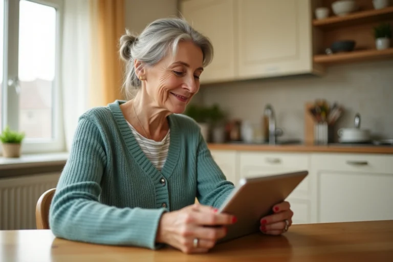 Senior femme utilisant une tablette numérique pour accéder à des services dédiés aux personnes âgées depuis sa cuisine