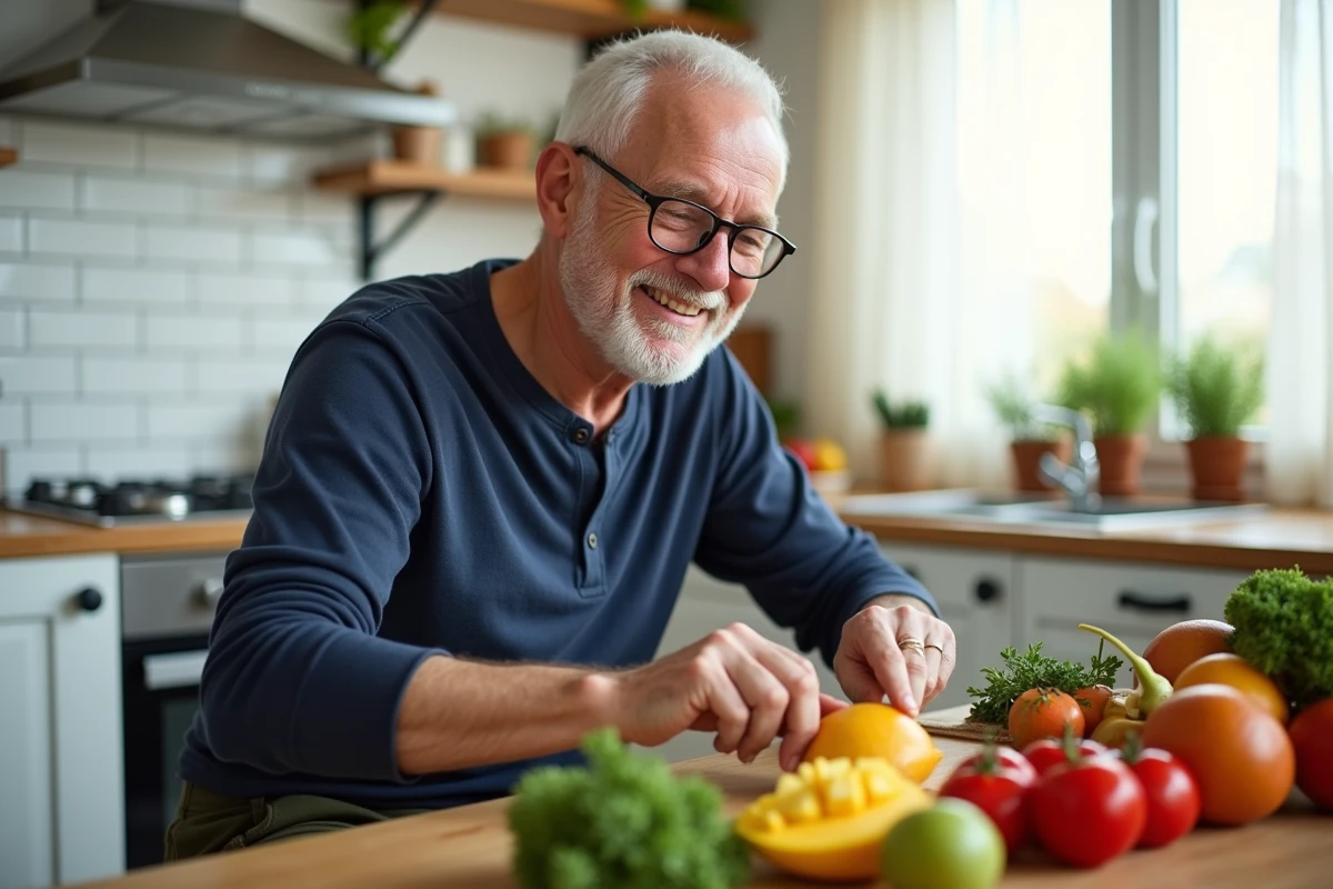 Homme senior souriant préparant un repas sain à base de fruits et légumes colorés dans une cuisine moderne
