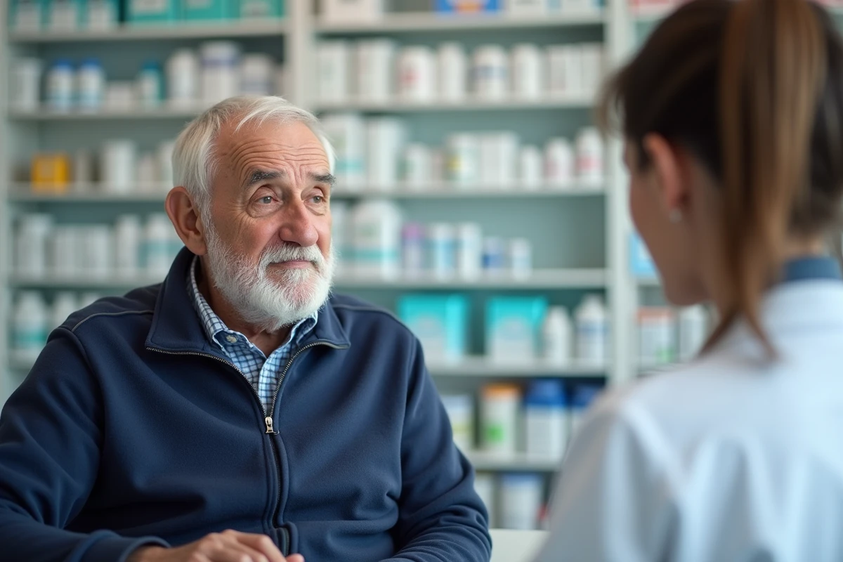 Senior homme en consultation avec une pharmacienne pour accéder aux ressources de santé adaptées aux personnes âgées