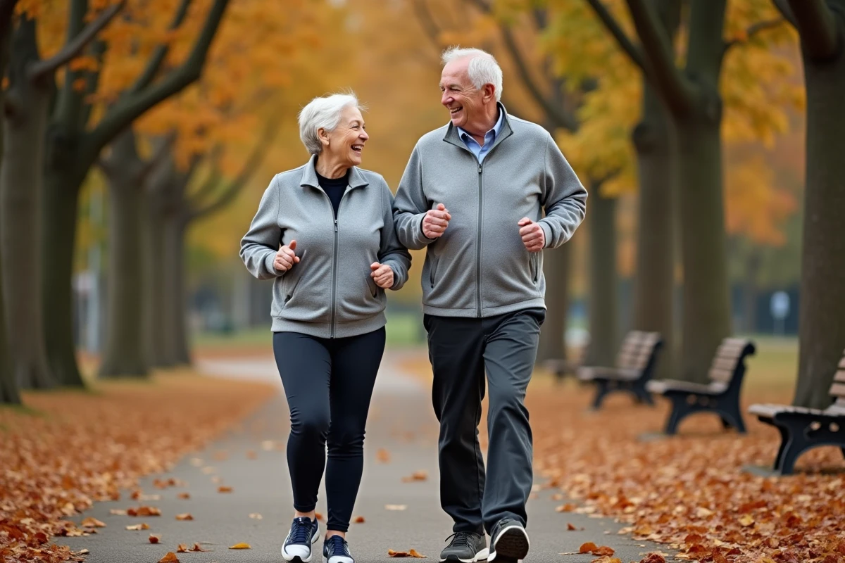 Couple de seniors marchant ensemble dans un parc en automne, souriants et actifs pour maintenir leur santé et leur vitalité
