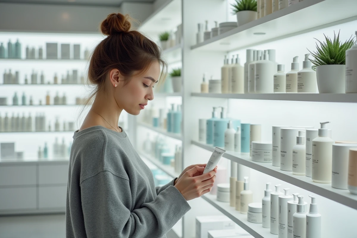 Jeune femme lisant l'étiquette d'une crème hydratante dans une boutique de soins beauté au style apothicaire moderne