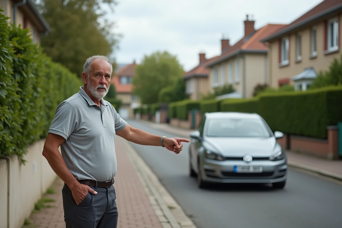 Propriétaire indiquant une voiture garée devant son entrée dans un lotissement résidentiel