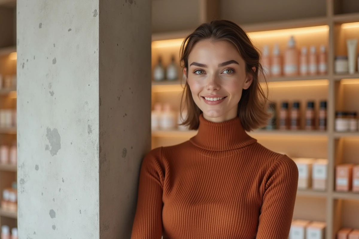 Jeune femme à la peau naturelle lumineuse dans un concept store beauté contemporain avec produits de soin