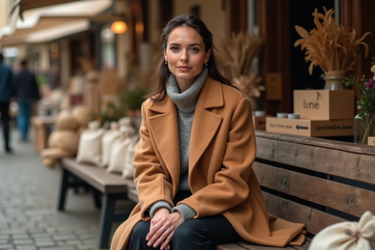 Femme élégante au manteau camel avec maquillage tendance nude dans un marché artisanal en automne