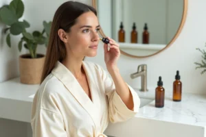 Femme appliquant un sérum visage dans une salle de bain minimaliste scandinave avec des produits de soin en verre ambré