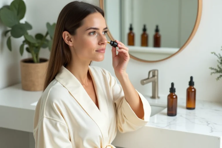 Femme appliquant un sérum visage dans une salle de bain minimaliste scandinave avec des produits de soin en verre ambré