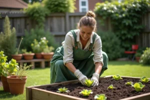 Femme qui transplante des jeunes plants de laitue dans un potager surélevé en bois avec de la terre sombre et humide