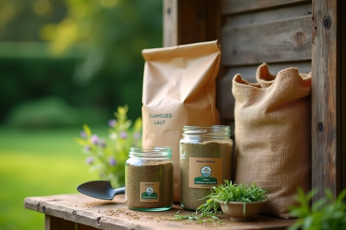 Différents engrais naturels pour gazon disposés sur une table de jardinage en bois rustique
